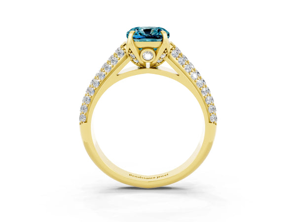 Yellow gold Cushion Cut Blue Topaz Solitaire Ring with Three-Row Pavé Band and Four-Prong Setting