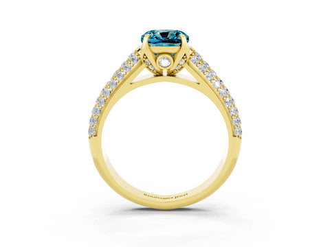 Yellow gold Cushion Cut Blue Topaz Solitaire Ring with Three-Row Pavé Band and Four-Prong Setting_15