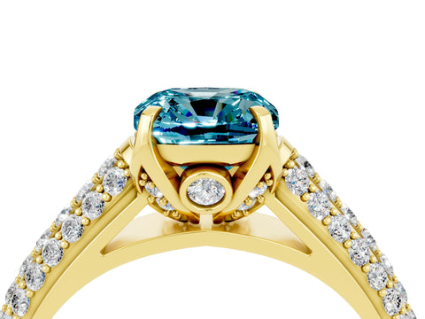 Yellow gold Cushion Cut Blue Topaz Solitaire Ring with Three-Row Pavé Band and Four-Prong Setting_16
