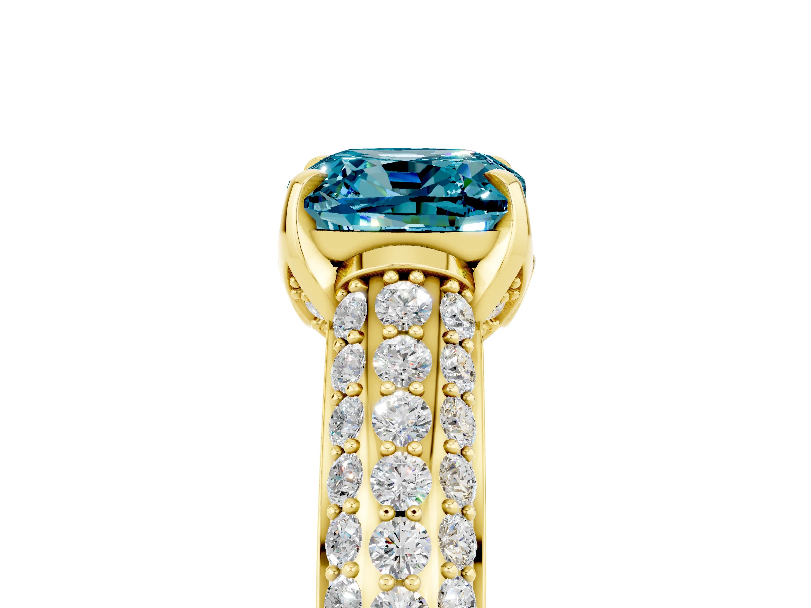 Yellow gold Cushion Cut Blue Topaz Solitaire Ring with Three-Row Pavé Band and Four-Prong Setting_17