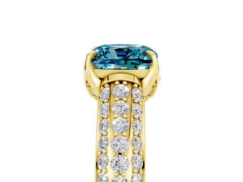 Yellow gold Cushion Cut Blue Topaz Solitaire Ring with Three-Row Pavé Band and Four-Prong Setting_17