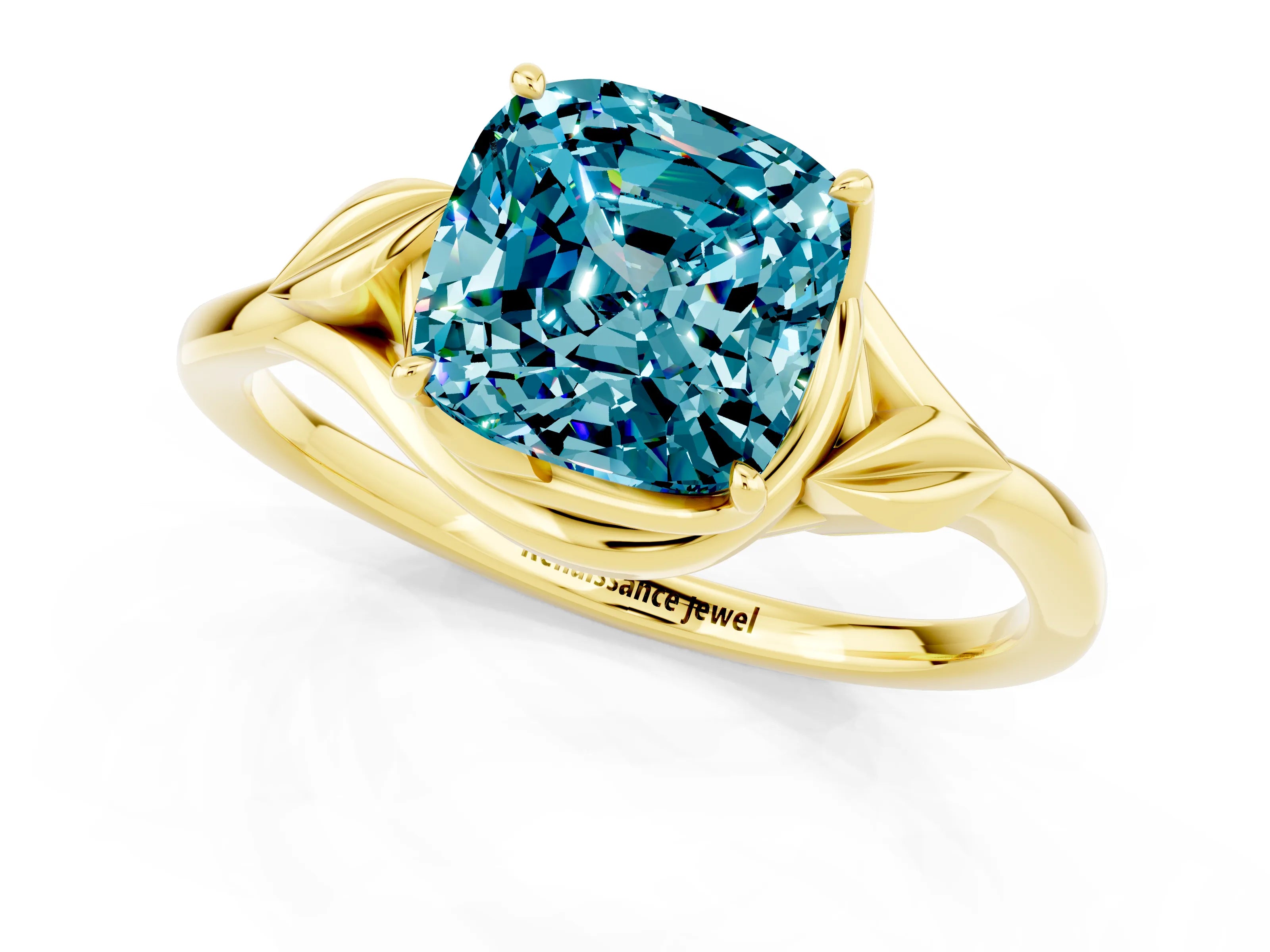 Yellow gold Cushion Cut Blue Topaz Solitaire Ring with Twist Band and Four-Prong Setting_25