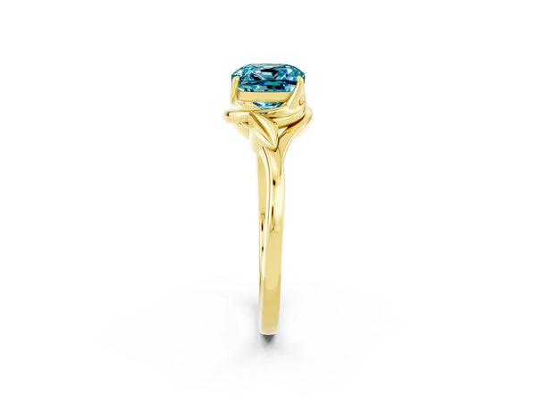 Yellow gold Cushion Cut Blue Topaz Solitaire Ring with Twist Band and Four-Prong Setting