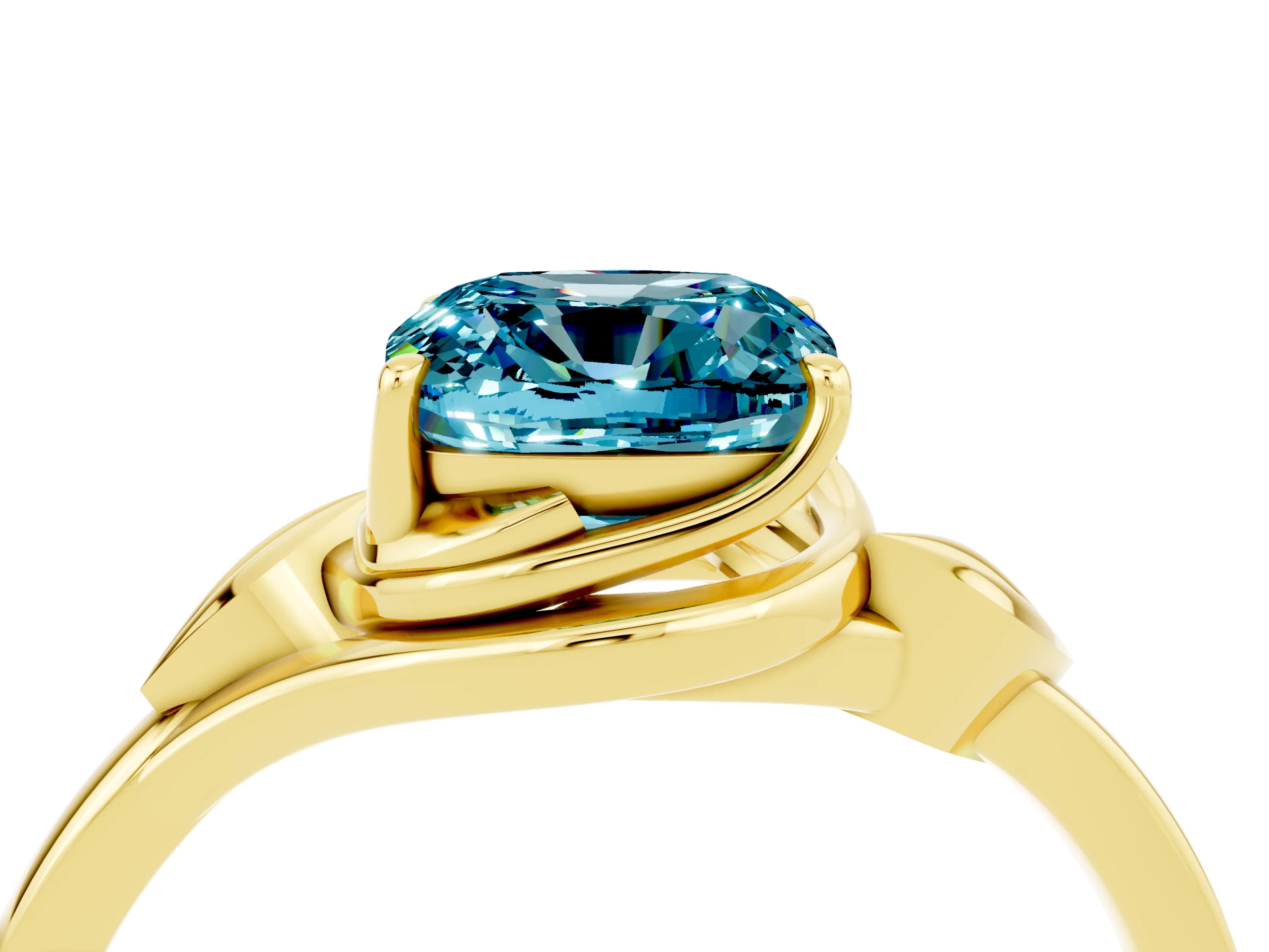 Yellow gold Cushion Cut Blue Topaz Solitaire Ring with Twist Band and Four-Prong Setting_28