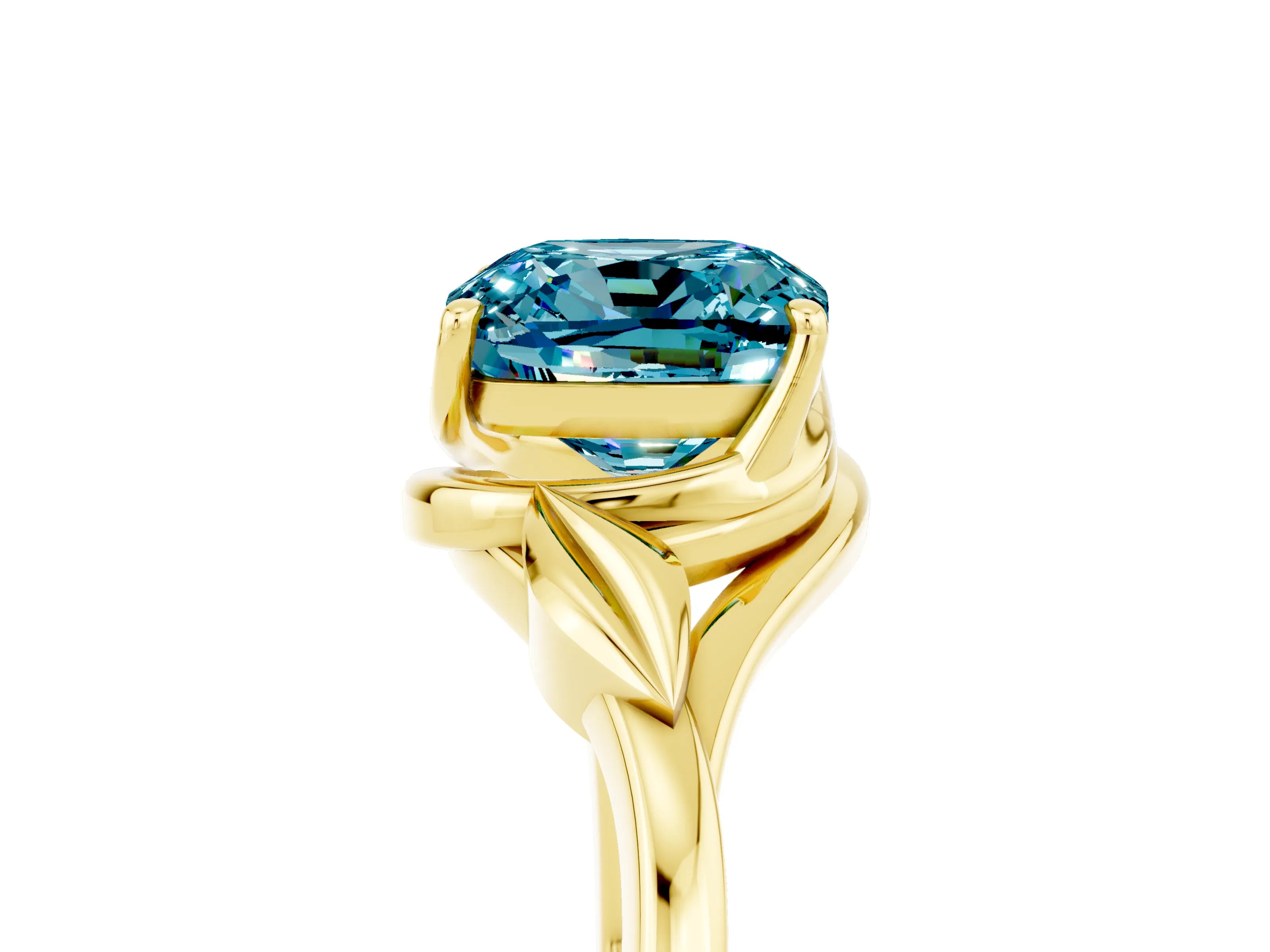 Yellow gold Cushion Cut Blue Topaz Solitaire Ring with Twist Band and Four-Prong Setting_29