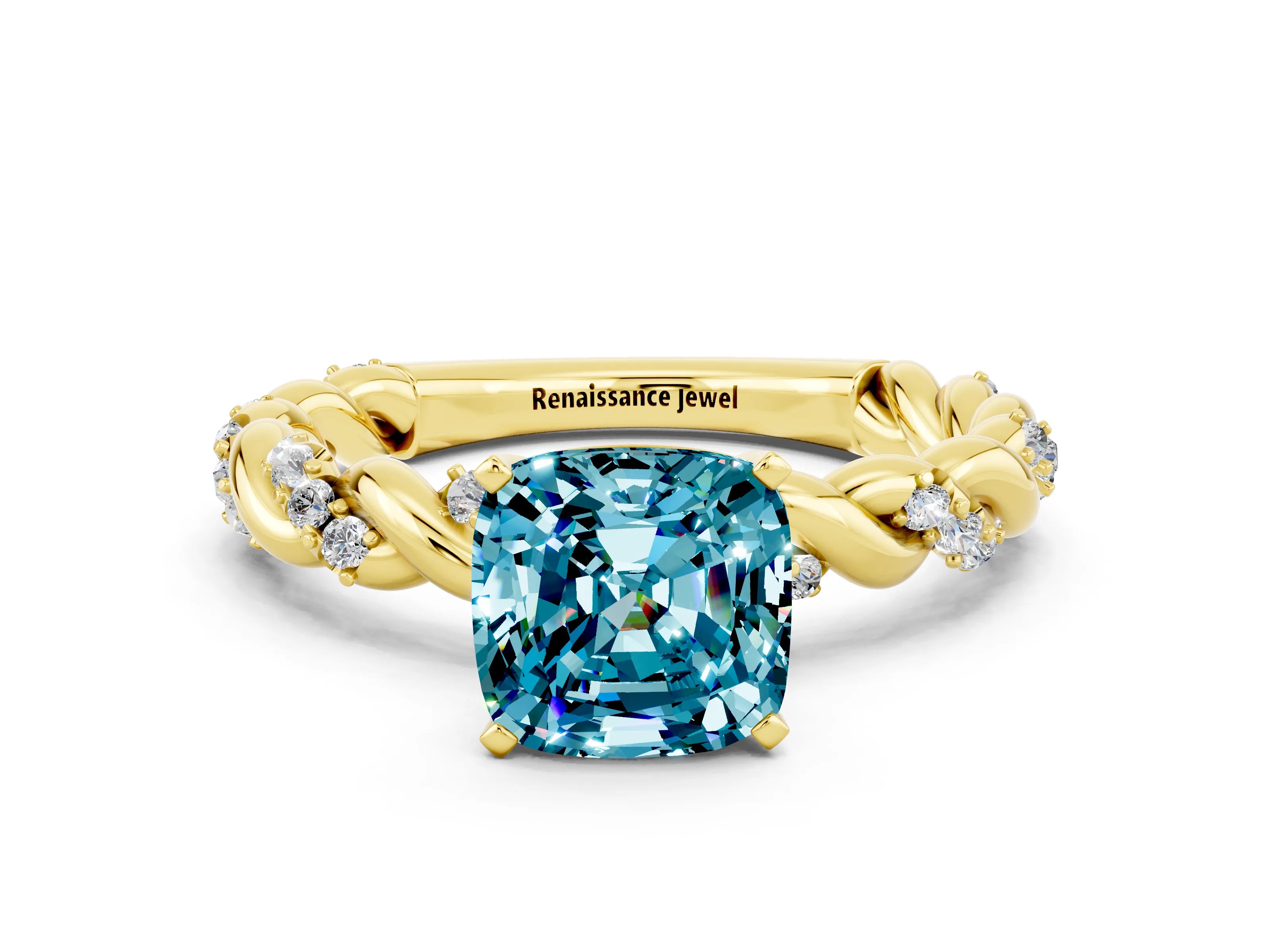 Yellow gold Cushion Cut Blue Topaz Solitaire Ring with Twisted Band and Pavé Accents