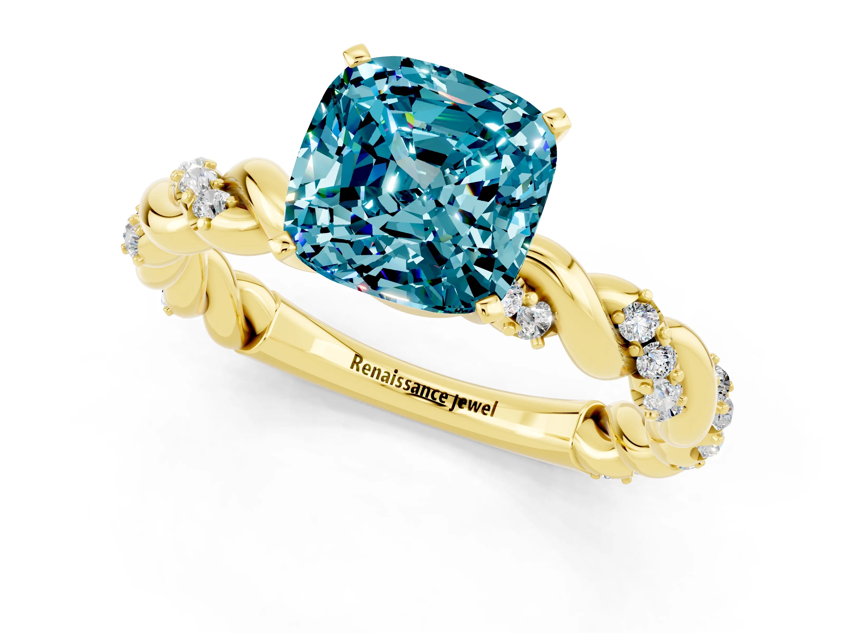 Yellow gold Cushion Cut Blue Topaz Solitaire Ring with Twisted Band and Pavé Accents_1