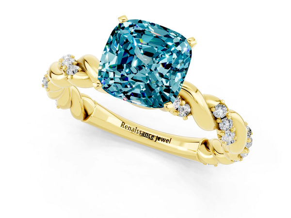 Yellow gold Cushion Cut Blue Topaz Solitaire Ring with Twisted Band and Pavé Accents