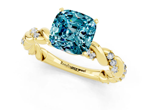 Yellow gold Cushion Cut Blue Topaz Solitaire Ring with Twisted Band and Pavé Accents_1