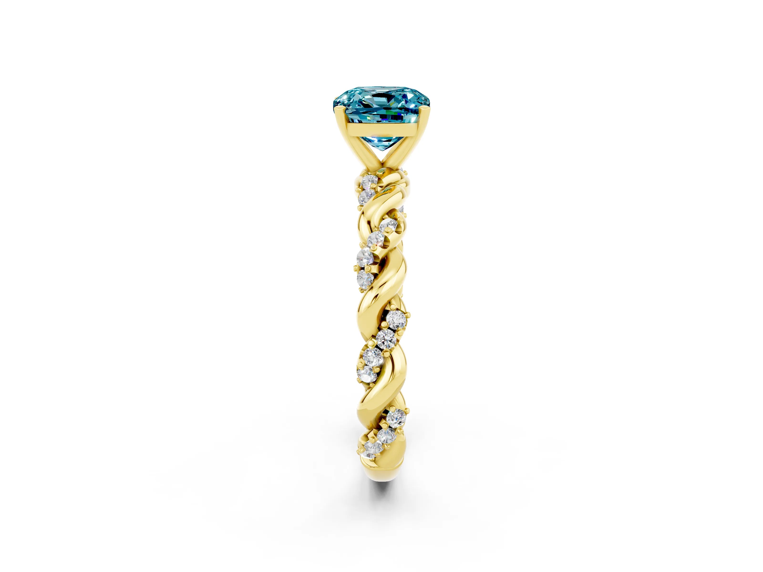Yellow gold Cushion Cut Blue Topaz Solitaire Ring with Twisted Band and Pavé Accents_2