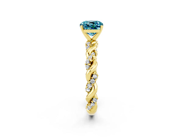 Yellow gold Cushion Cut Blue Topaz Solitaire Ring with Twisted Band and Pavé Accents