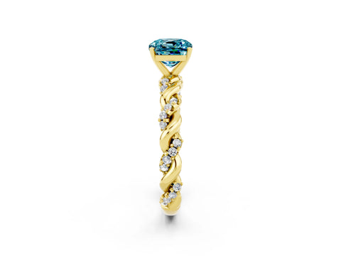 Yellow gold Cushion Cut Blue Topaz Solitaire Ring with Twisted Band and Pavé Accents_2