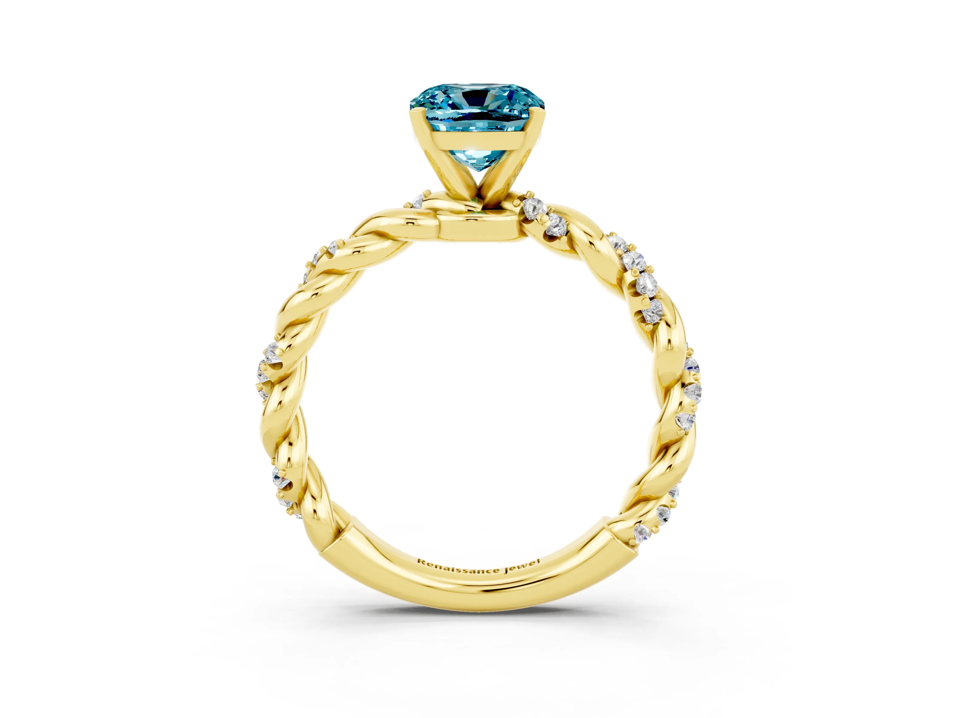 Yellow gold Cushion Cut Blue Topaz Solitaire Ring with Twisted Band and Pavé Accents_3