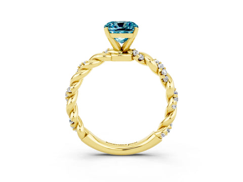 Yellow gold Cushion Cut Blue Topaz Solitaire Ring with Twisted Band and Pavé Accents_3