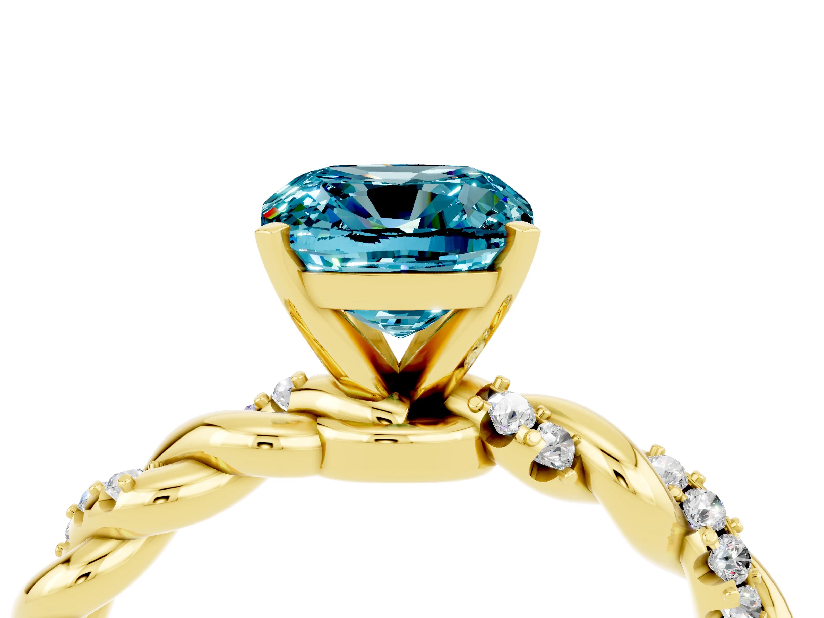 Yellow gold Cushion Cut Blue Topaz Solitaire Ring with Twisted Band and Pavé Accents_4