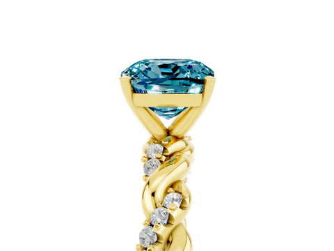 Yellow gold Cushion Cut Blue Topaz Solitaire Ring with Twisted Band and Pavé Accents_5