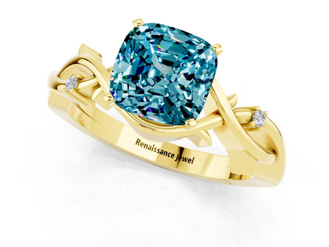 Yellow gold Cushion Cut Blue Topaz Solitaire Ring with Twisted Band and Prong Setting_1