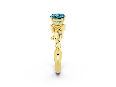Yellow gold Cushion Cut Blue Topaz Solitaire Ring with Twisted Band and Prong Setting_2