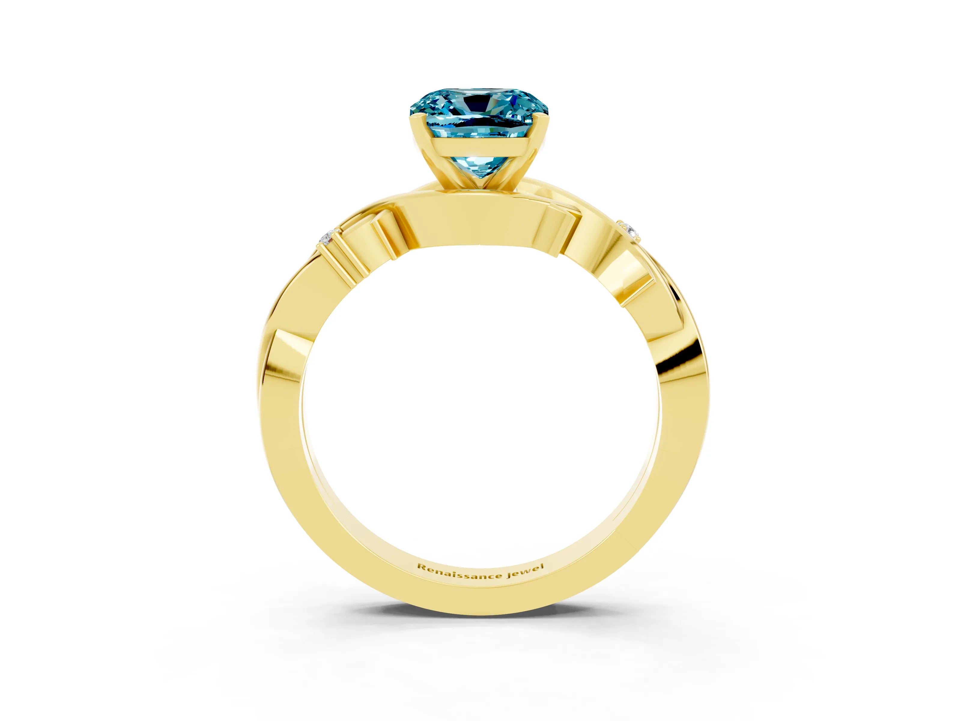 Yellow gold Cushion Cut Blue Topaz Solitaire Ring with Twisted Band and Prong Setting_3