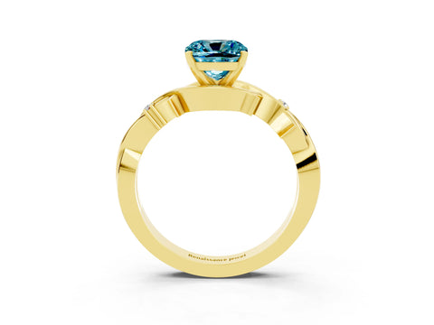 Yellow gold Cushion Cut Blue Topaz Solitaire Ring with Twisted Band and Prong Setting_3