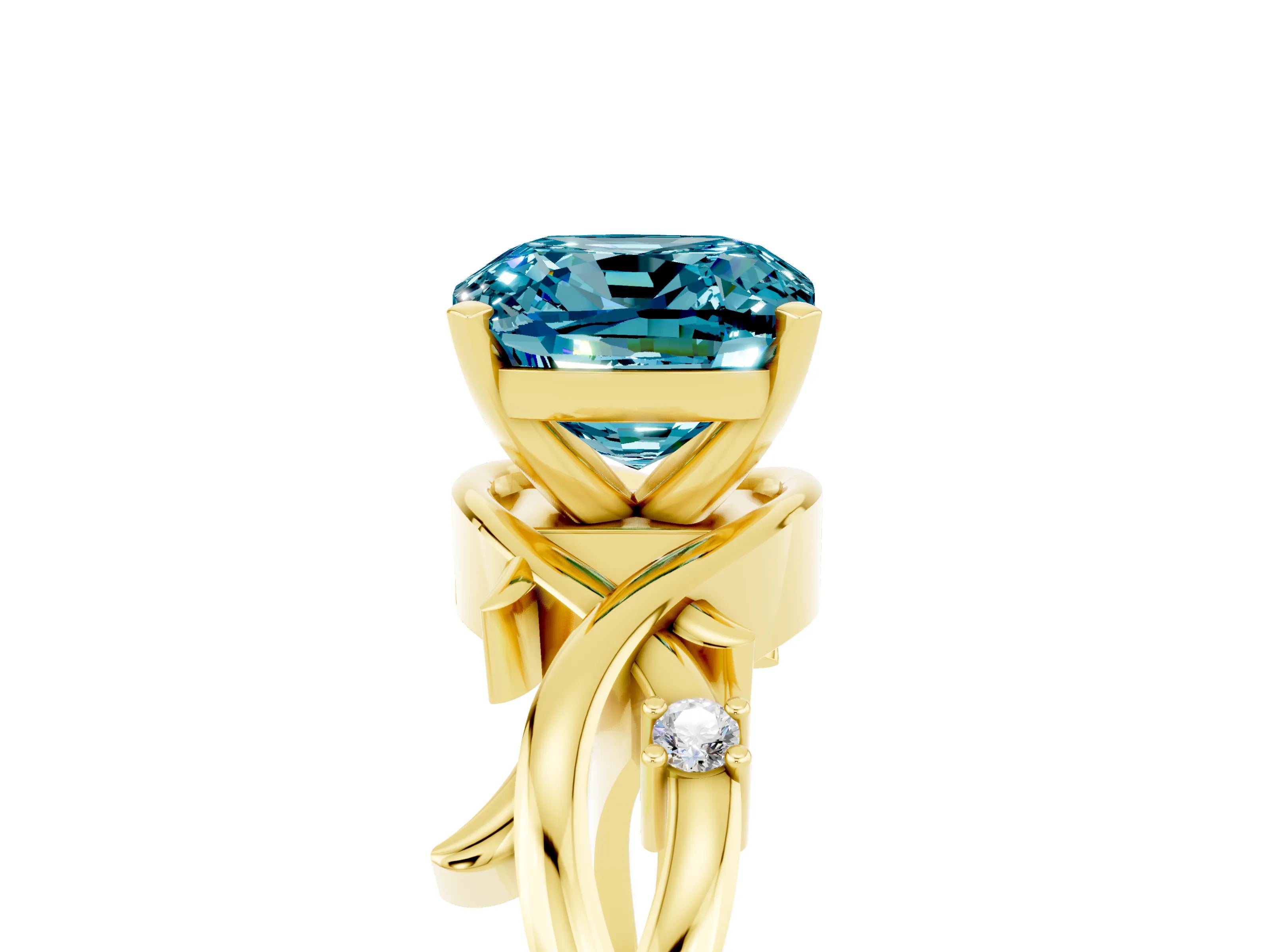 Yellow gold Cushion Cut Blue Topaz Solitaire Ring with Twisted Band and Prong Setting_5
