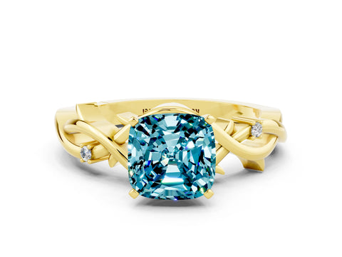 Yellow gold Cushion Cut Blue Topaz Solitaire Ring with Twisted Band and Prong Setting