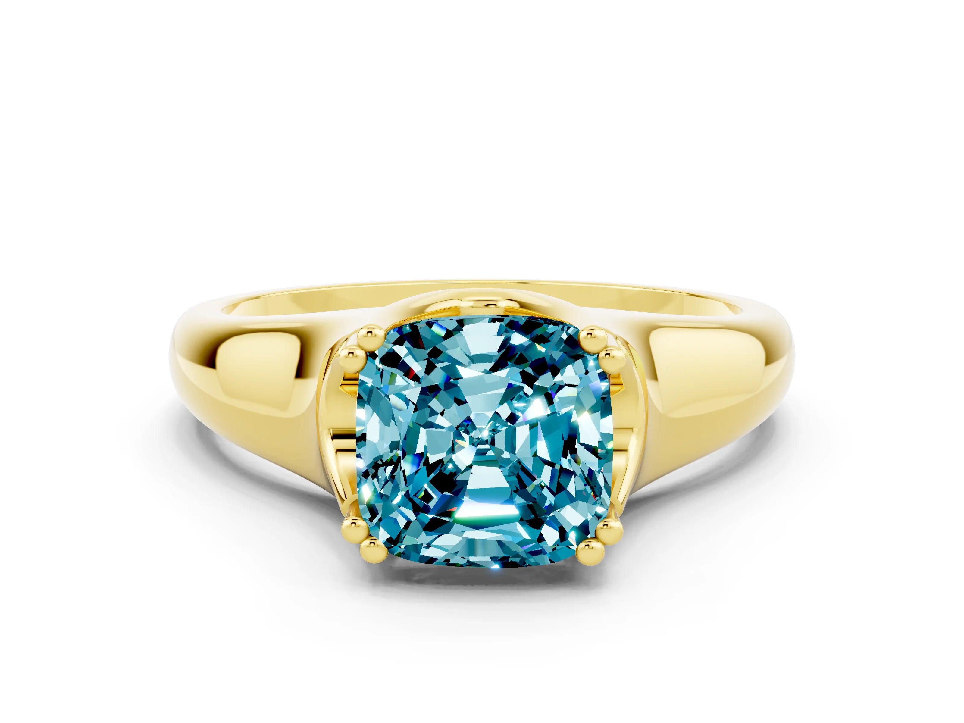 Yellow gold Cushion Cut Blue Topaz Solitaire Ring with Wide Band and Prong Setting