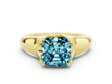 Yellow gold Cushion Cut Blue Topaz Solitaire Ring with Wide Band and Prong Setting
