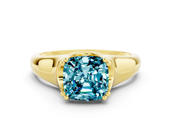 Yellow gold Cushion Cut Blue Topaz Solitaire Ring with Wide Band and Prong Setting