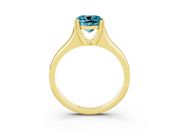 Yellow gold Cushion Cut Blue Topaz Solitaire Ring with Wide Band and Prong Setting