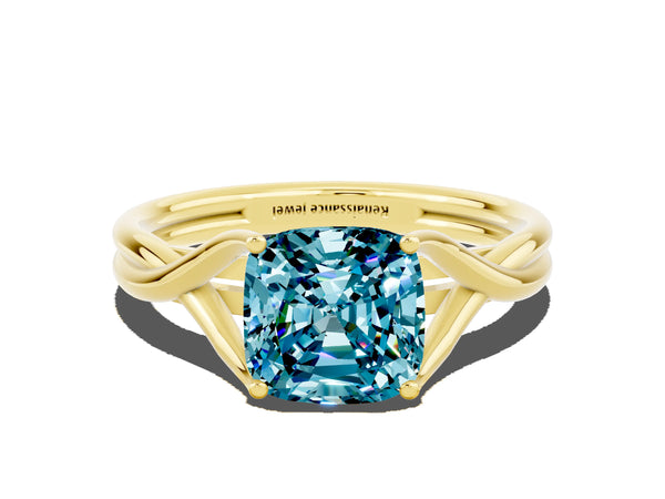 Yellow gold Cushion Cut Blue Topaz Solitaire Twist Band Prong Setting Ring