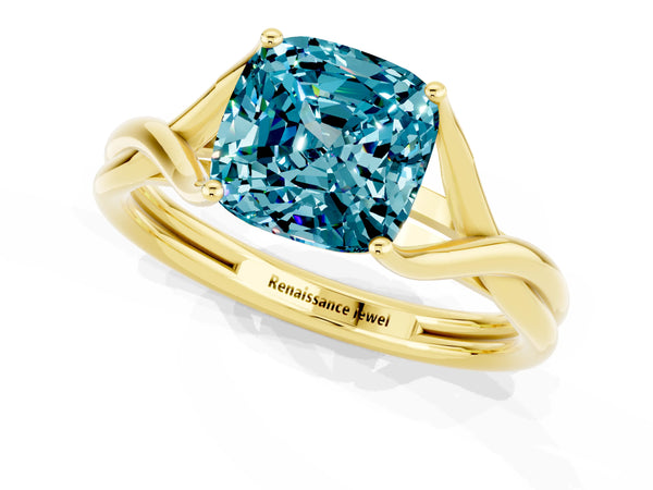 Yellow gold Cushion Cut Blue Topaz Solitaire Twist Band Prong Setting Ring