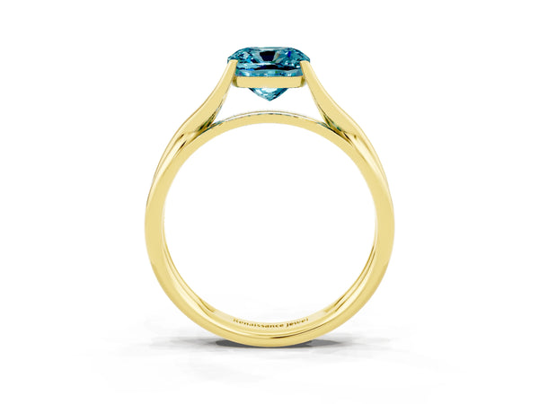 Yellow gold Cushion Cut Blue Topaz Solitaire Twist Band Prong Setting Ring
