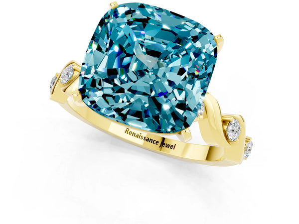 Yellow gold Cushion Cut Blue Topaz Solitaire Twisted Band with Round  Accents and Prong Setting