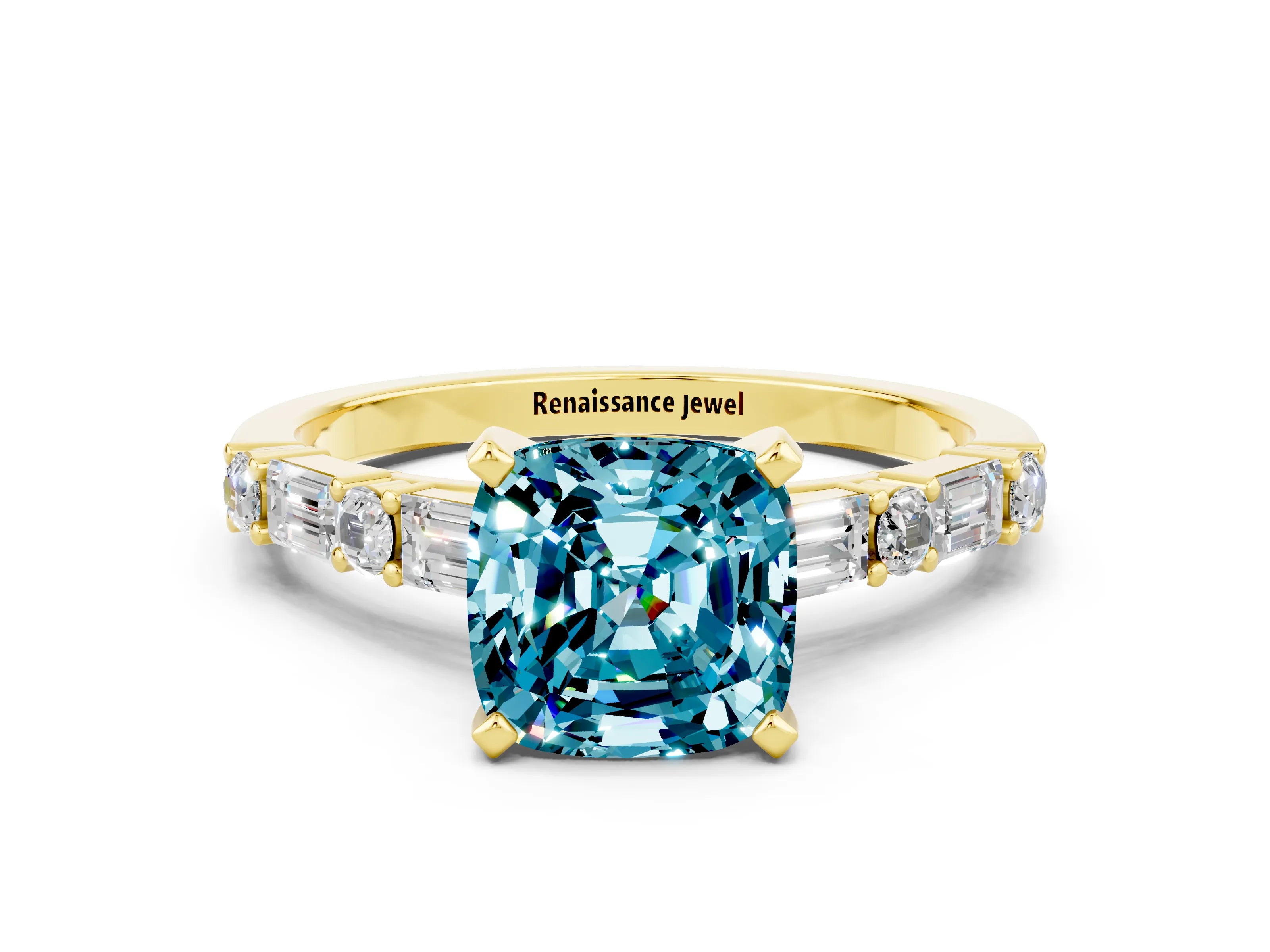 Yellow gold Cushion Cut Blue Topaz Solitaire with Side Baguettes and Channel Set Band