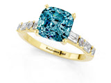 Yellow gold Cushion Cut Blue Topaz Solitaire with Side Baguettes and Channel Set Band_1