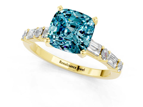 Yellow gold Cushion Cut Blue Topaz Solitaire with Side Baguettes and Channel Set Band_1
