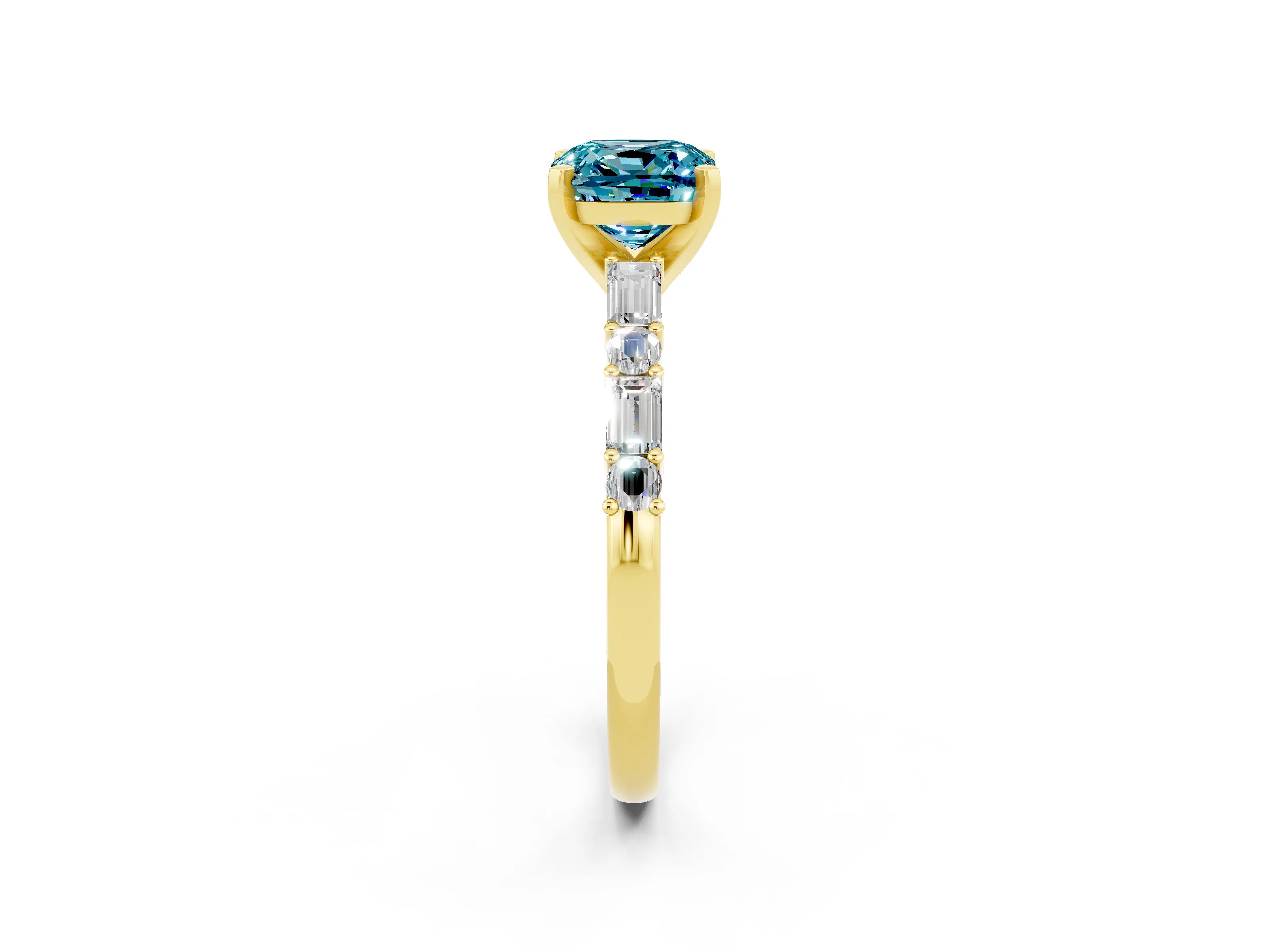 Yellow gold Cushion Cut Blue Topaz Solitaire with Side Baguettes and Channel Set Band_2