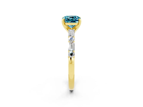 Yellow gold Cushion Cut Blue Topaz Solitaire with Side Baguettes and Channel Set Band_2