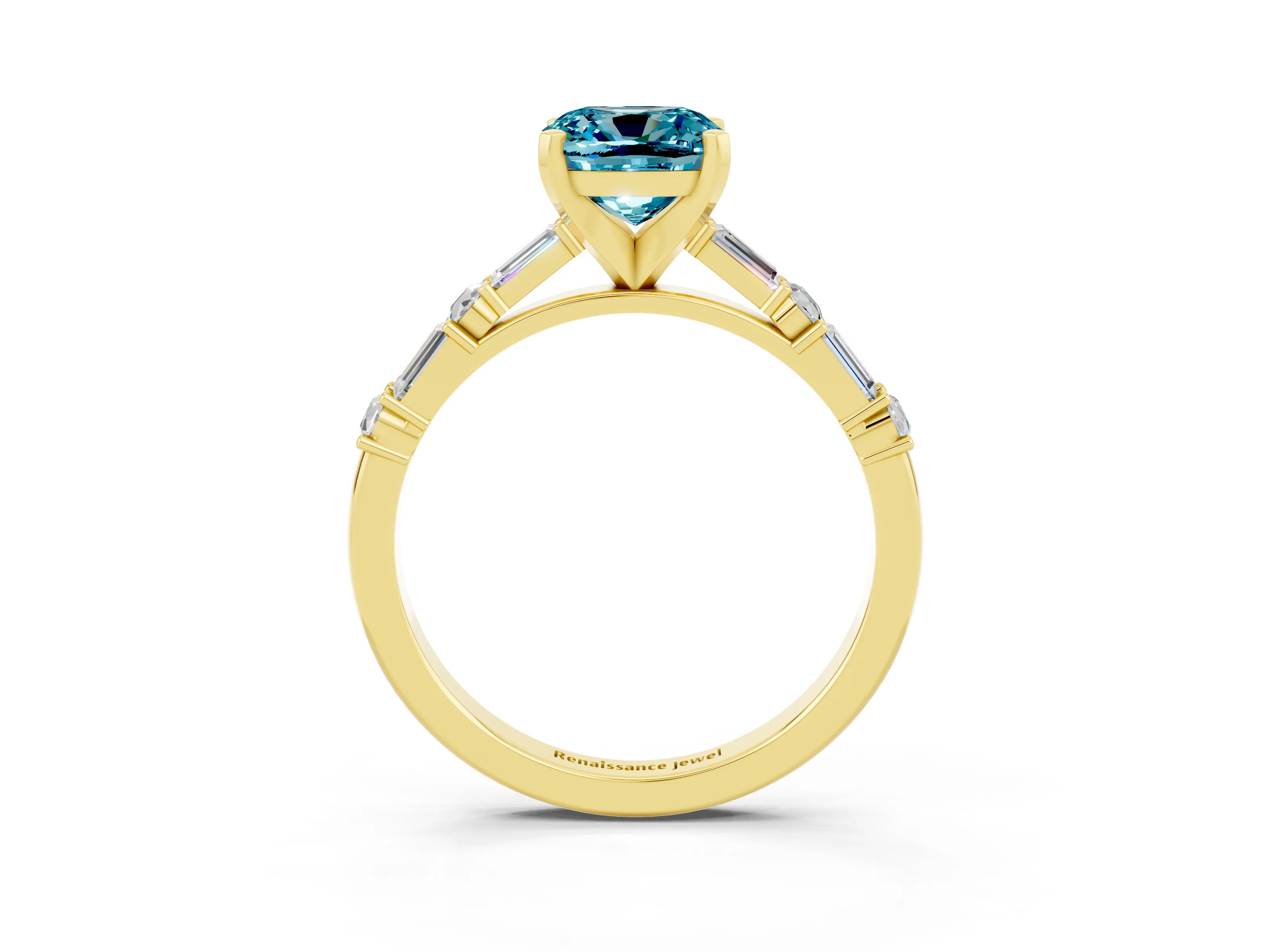 Yellow gold Cushion Cut Blue Topaz Solitaire with Side Baguettes and Channel Set Band_3