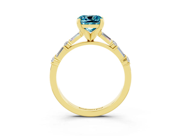 Yellow gold Cushion Cut Blue Topaz Solitaire with Side Baguettes and Channel Set Band