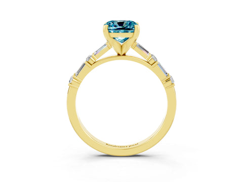 Yellow gold Cushion Cut Blue Topaz Solitaire with Side Baguettes and Channel Set Band_3