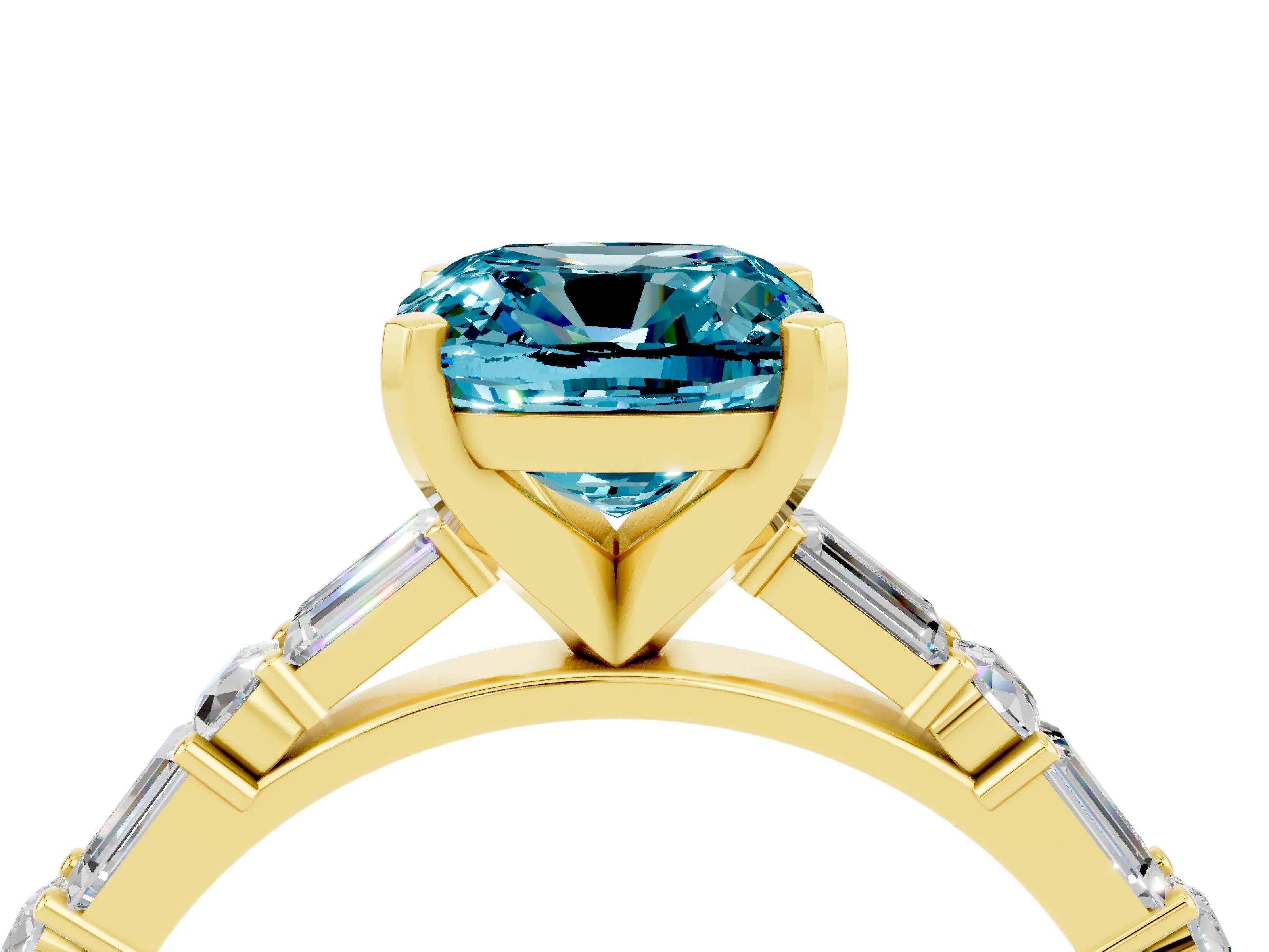 Yellow gold Cushion Cut Blue Topaz Solitaire with Side Baguettes and Channel Set Band_4