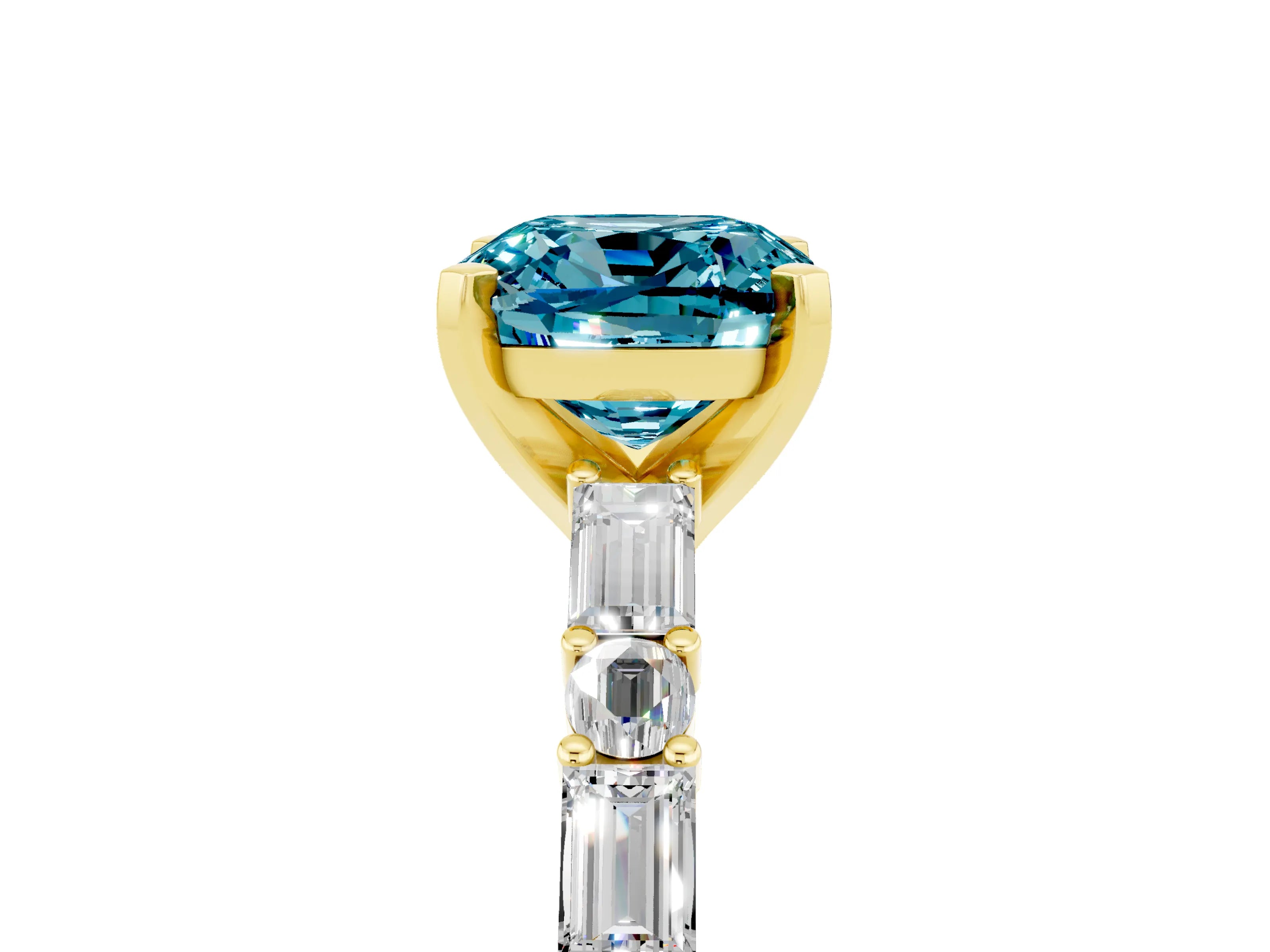Yellow gold Cushion Cut Blue Topaz Solitaire with Side Baguettes and Channel Set Band_5