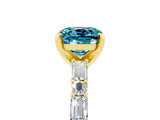 Yellow gold Cushion Cut Blue Topaz Solitaire with Side Baguettes and Channel Set Band_5