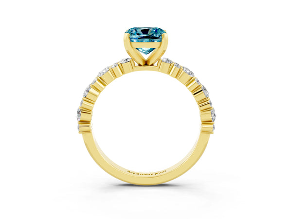 Yellow gold Cushion Cut Blue Topaz Side Stone Solitaire Ring with Round  and Four-Prong Setting