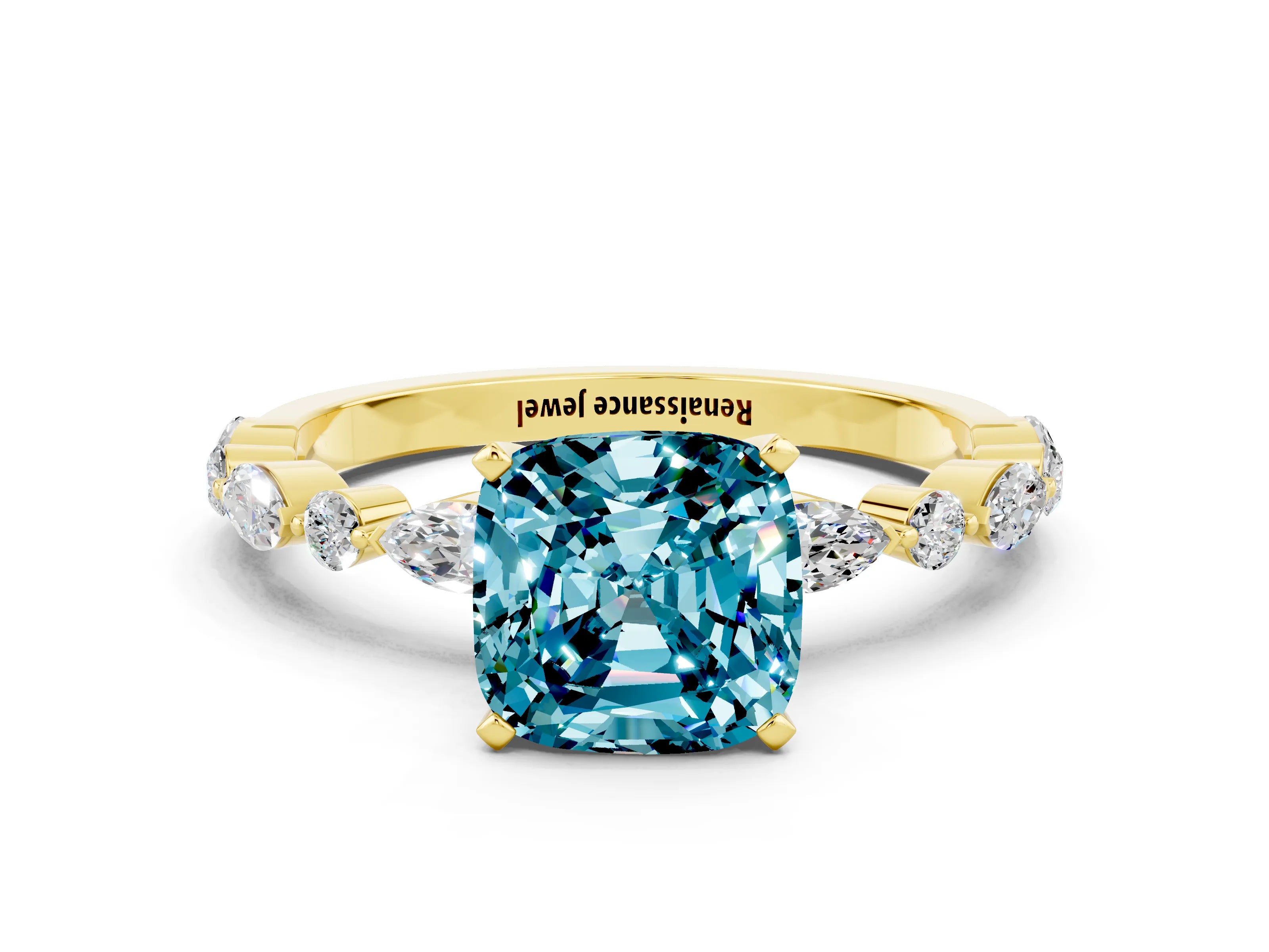 Yellow gold Cushion Cut Blue Topaz Solitaire with Side Stones on a Pavé Band and Four-Prong Setting