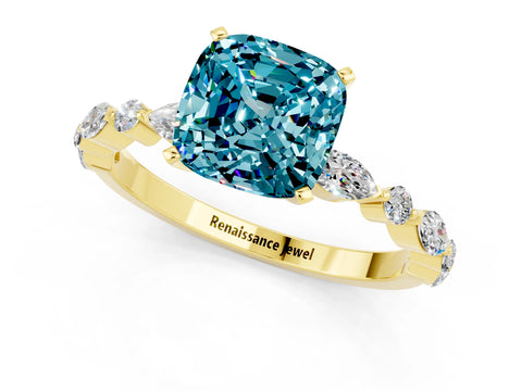 Yellow gold Cushion Cut Blue Topaz Solitaire with Side Stones on a Pavé Band and Four-Prong Setting_1