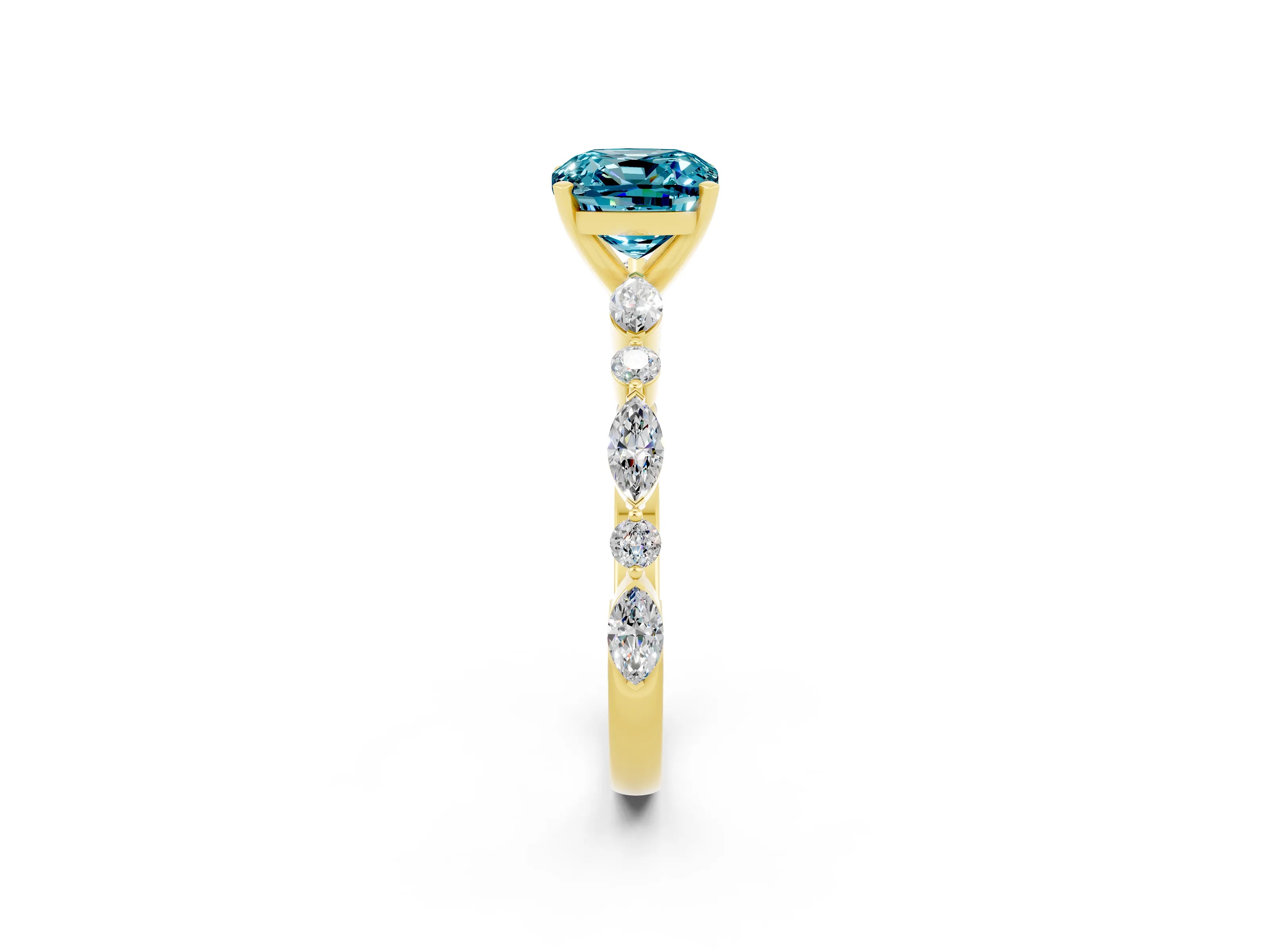 Yellow gold Cushion Cut Blue Topaz Solitaire with Side Stones on a Pavé Band and Four-Prong Setting_2