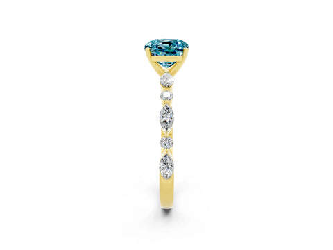 Yellow gold Cushion Cut Blue Topaz Solitaire with Side Stones on a Pavé Band and Four-Prong Setting_2